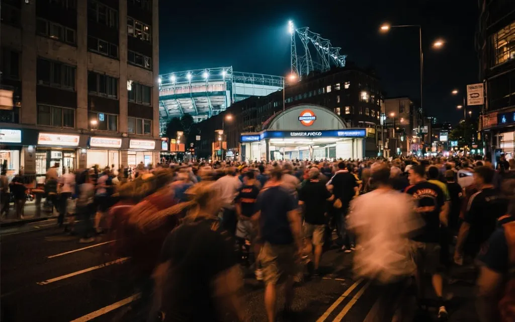 夜晚的世界杯比赛日：地铁站与球迷人潮的城市氛围