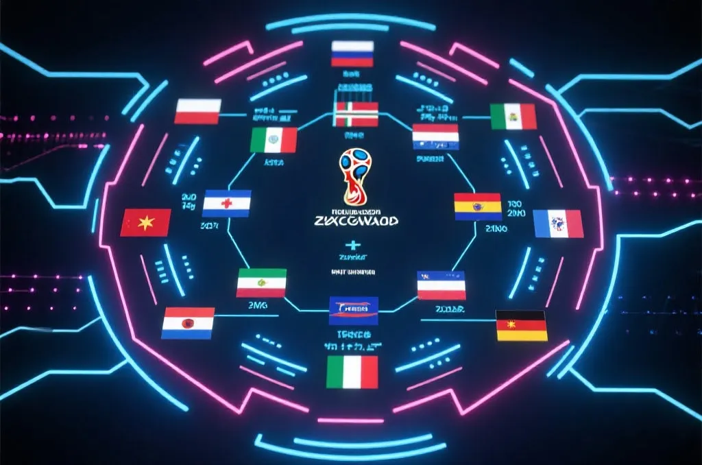 世界杯淘汰赛对阵图概念设计,炫酷的科技感发光线条与国家队旗帜,3D渲染
